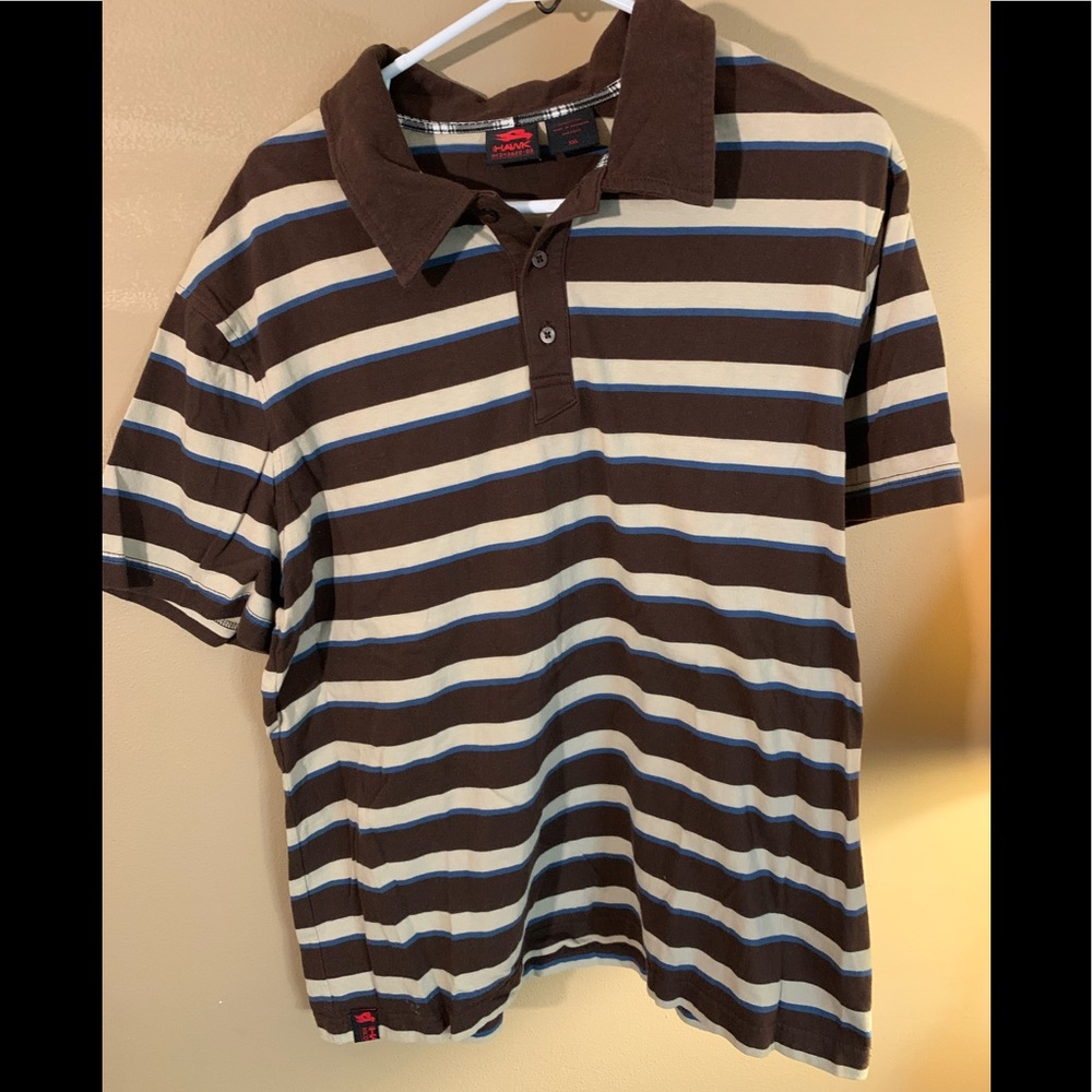 Tony Hawk Polo Shirt Mens Size  XXL Brown Cream Blue Striped Short Sleeve EUC